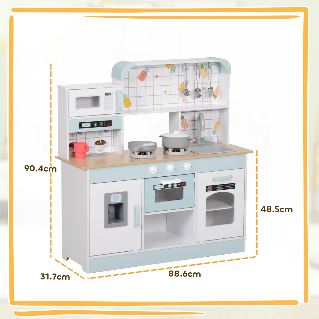 AIYAPLAY Toy Kitchen, Pretend Role Play Kitchen with Hob, Sound, Light, Coffee Machine, Ice Maker, Microwave
