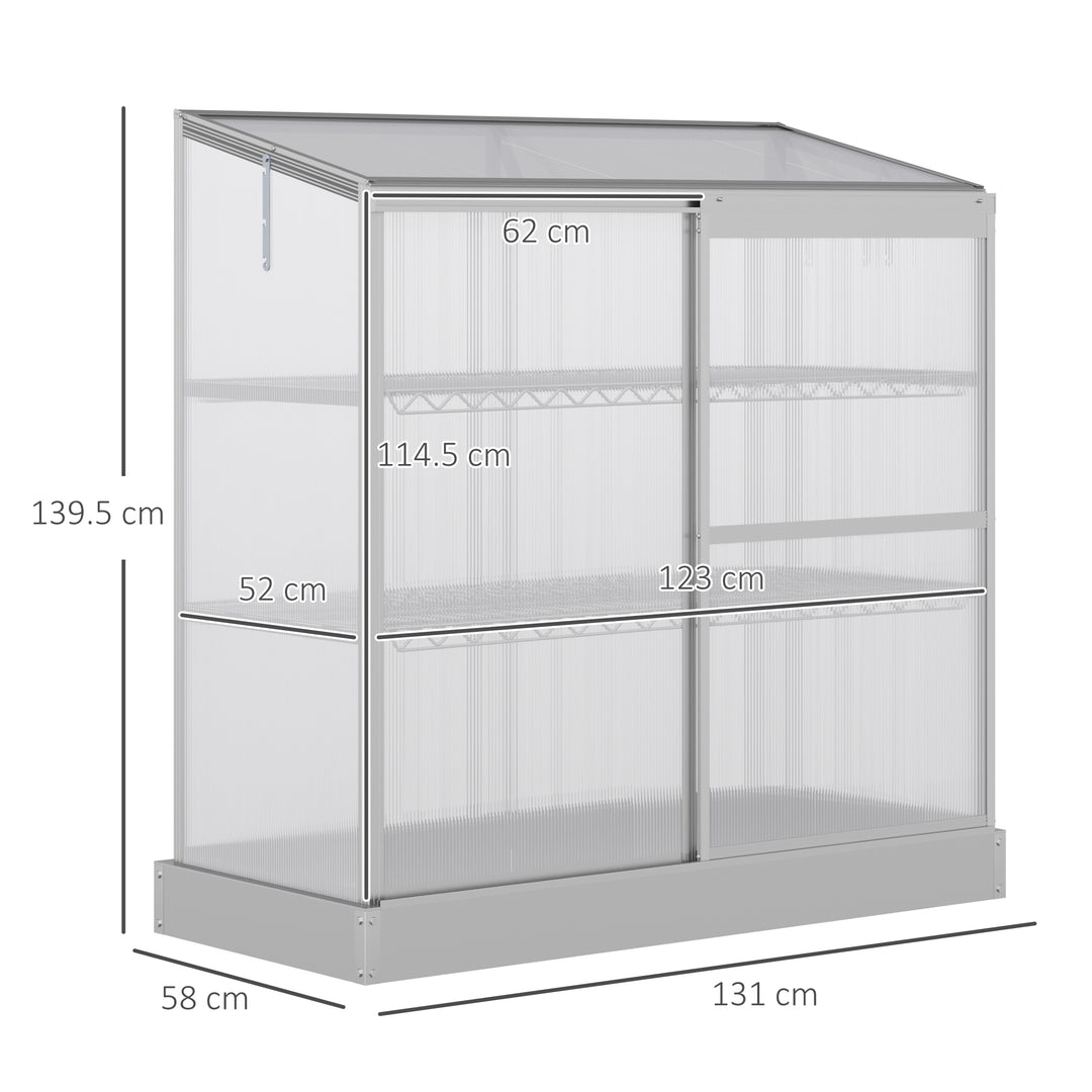 Outsunny 3-Tier Mini Greenhouse Garden Cold Frame Plant Growth House w / Polycarbonate Panels, Openable Roof, 129.5 x 58 x 140 cm, Silver