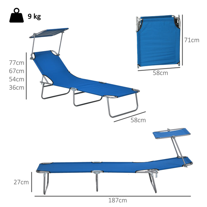 Outdoor Foldable Sun Lounger Set of 2, 4 Level Adjustable Backrest Reclining Sun Lounger Chair with Angle Adjust Sun Shade Awning for Beach, Garden, Patio, Blue