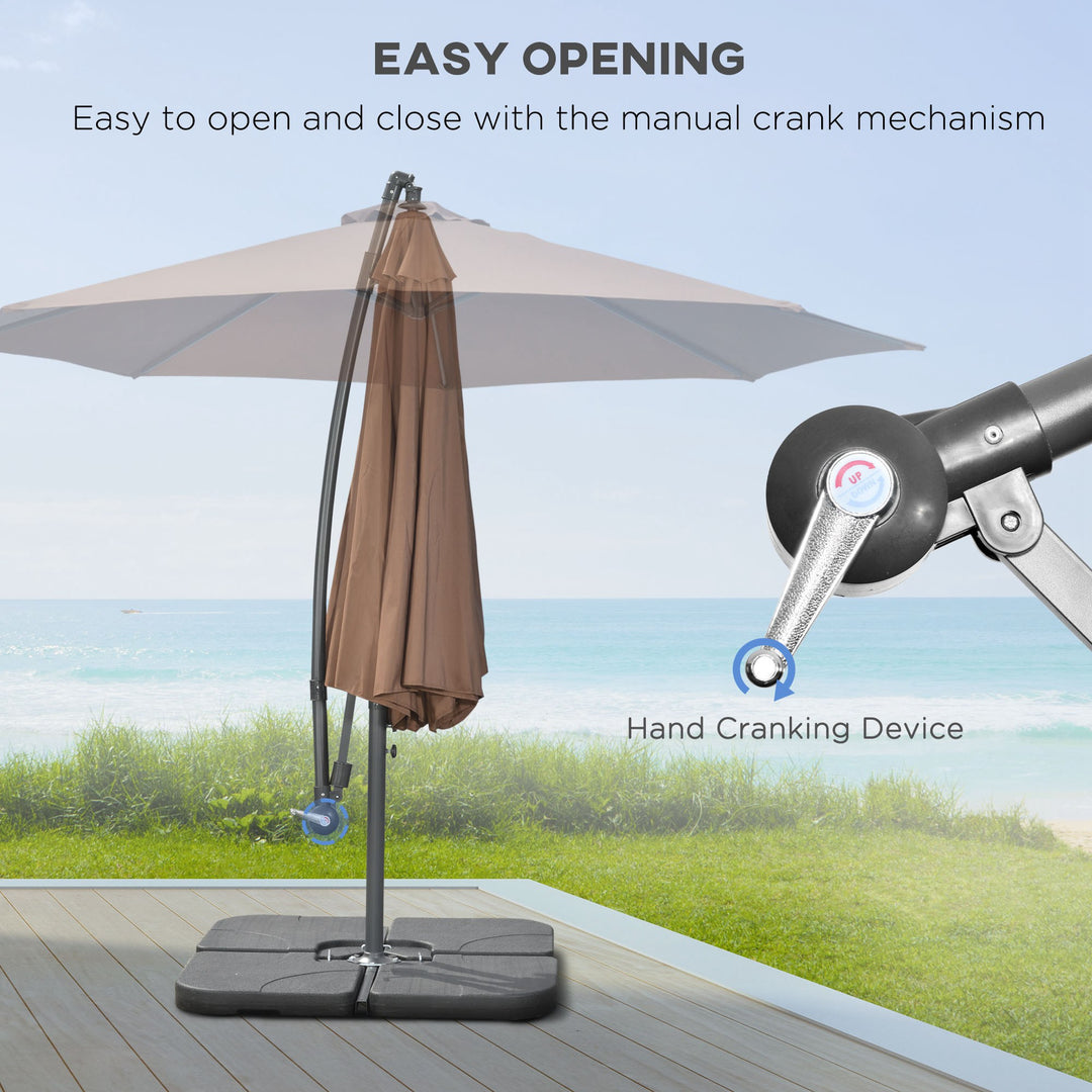 Outsunny 3(m) Garden Banana Parasol Cantilever Umbrella with Crank Handle, Cross Base, Weights and Cover for Outdoor, Hanging Sun Shade, Coffee