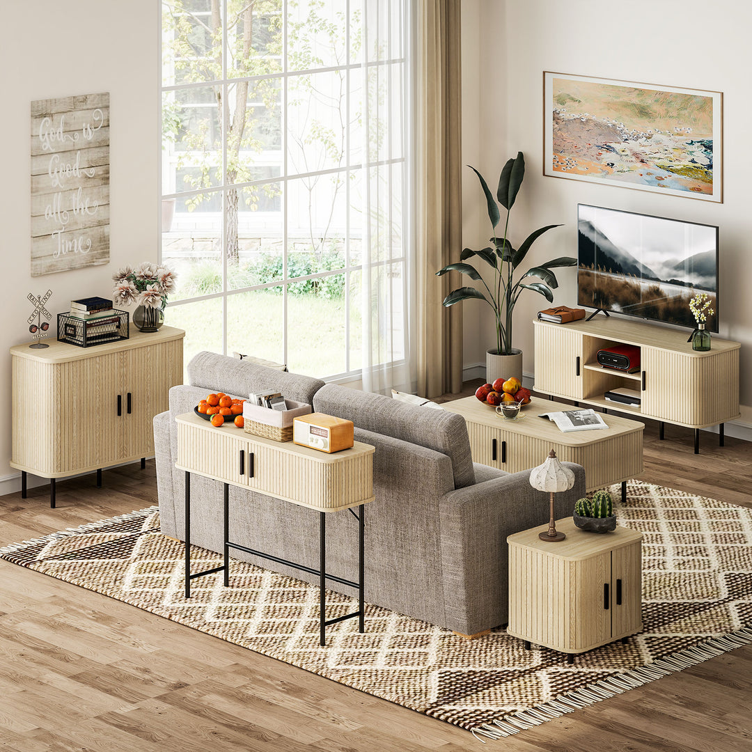 Mid-Century Modern Sideboard Storage Cabinet with Slatted Tambour Sliding Doors, Kitchen Cabinet with Steel Legs, Oak Tone