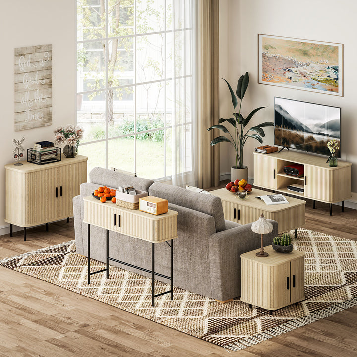 Mid-Century Modern Sideboard Storage Cabinet with Slatted Tambour Sliding Doors, Kitchen Cabinet with Steel Legs, Oak Tone
