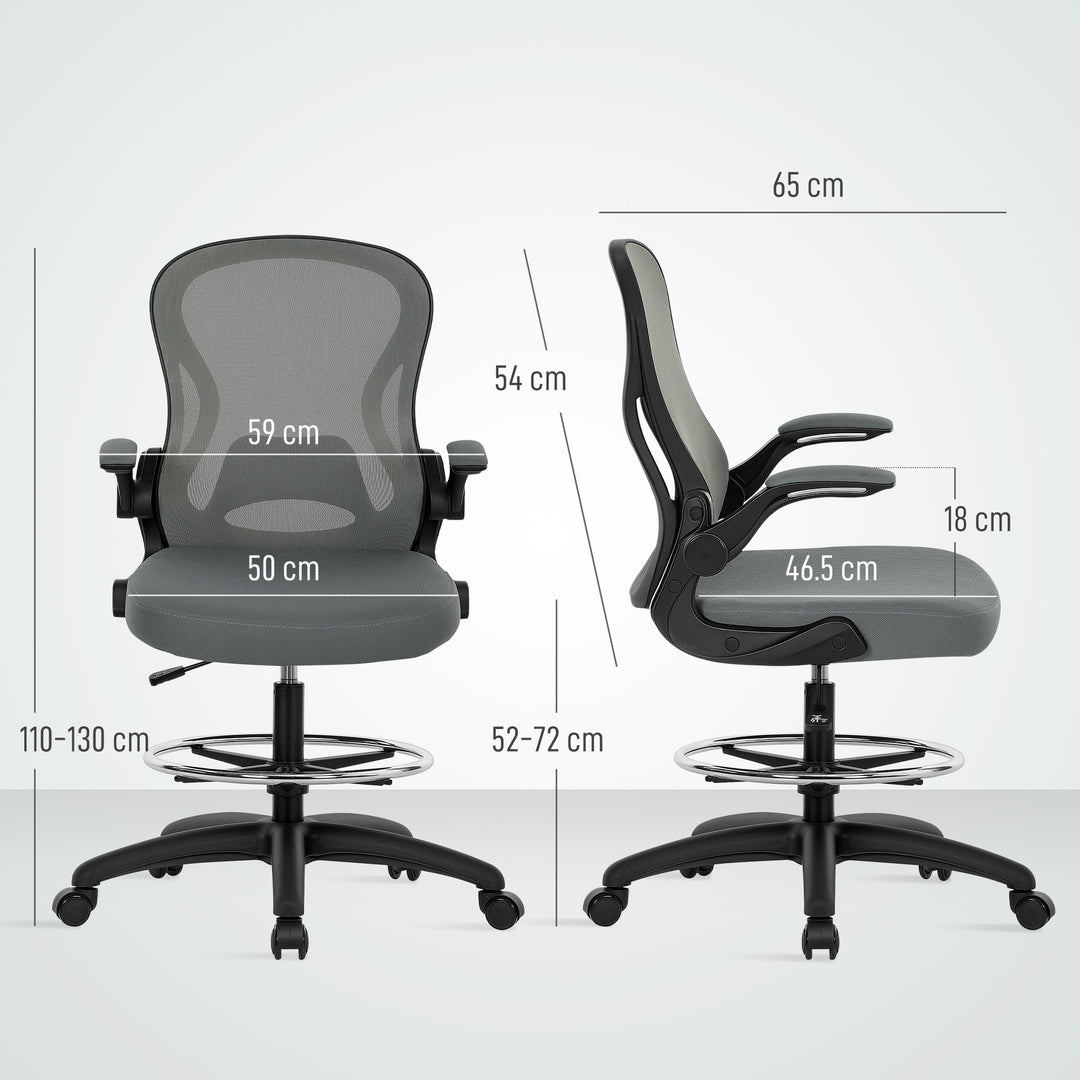Draughtsman Chair with Flip-up Armrests, Mesh Standing Desk Chair with Lumbar Support and Adjustable Foot Ring for Bar Counter, Charcoal Grey