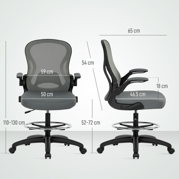 Draughtsman Chair with Flip-up Armrests, Mesh Standing Desk Chair with Lumbar Support and Adjustable Foot Ring for Bar Counter, Charcoal Grey