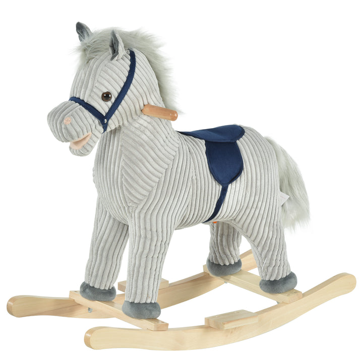 HOMCOM Kids Ride On Ribbed Plush Rocking Horse w/ Sound Grey | Aosom UK