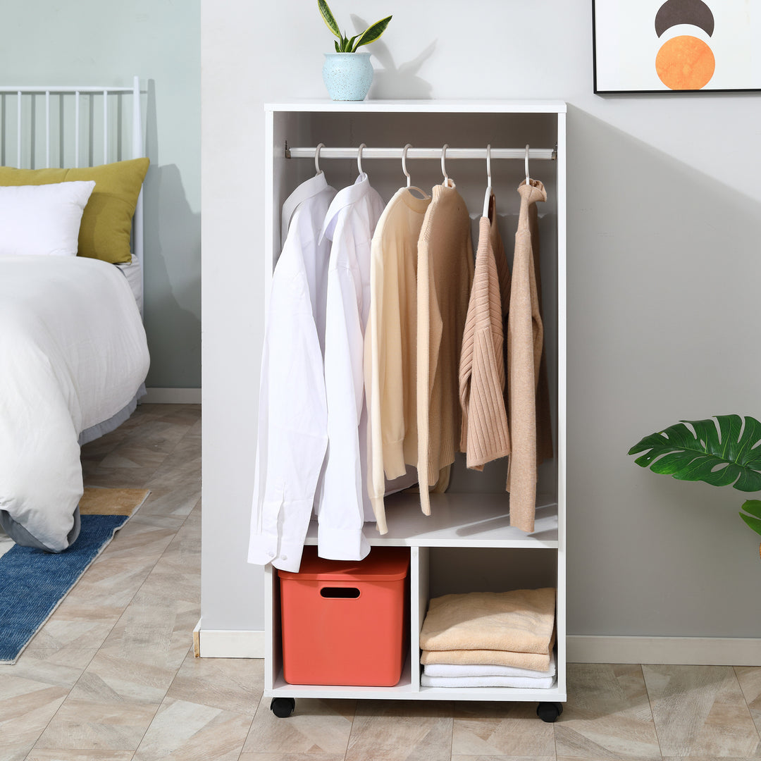 Open Wardrobe on Wheels, Bedroom Wardrobe with Clothes Hanging Rail, 2 Storage Shelves, Mobile Garment Rack for Cloakroom, Hallway, White