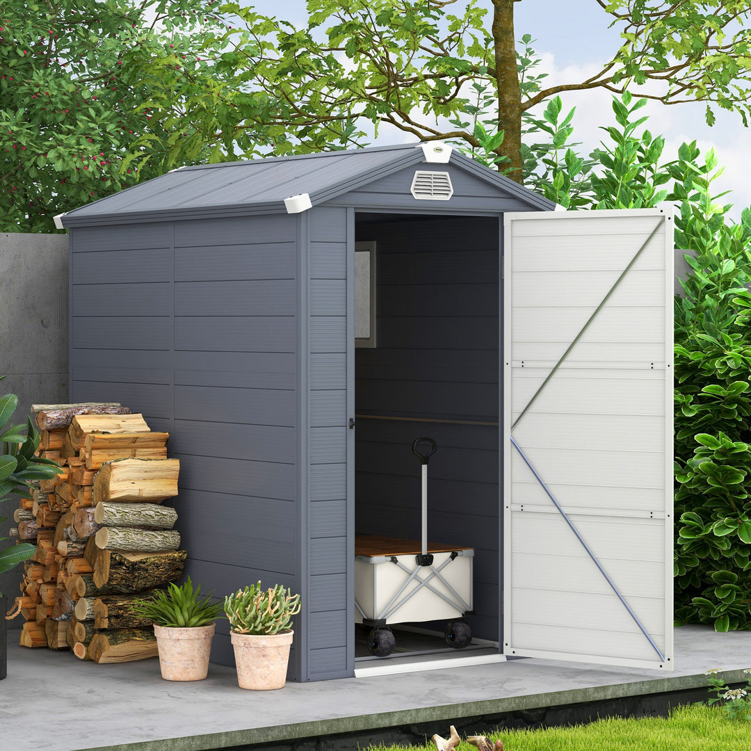 Outsunny 4 x 6ft Garden Shed with Foundation Kit, Polypropylene Outdoor Storage Tool House with Ventilation Slots and Lockable Door, Grey