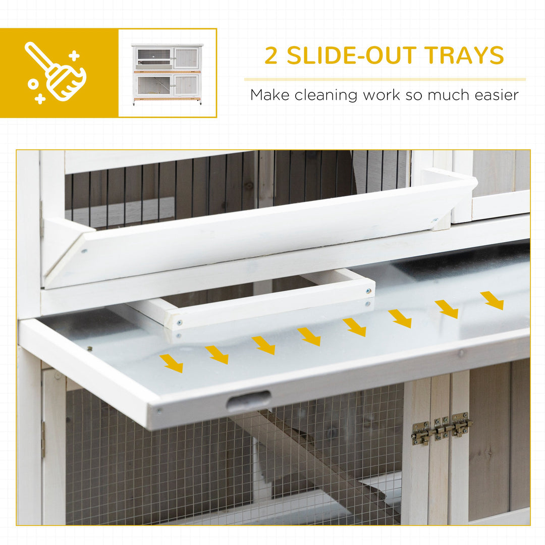 Wooden Pet Hutch, Two-Tier Cage with Rain Cover, Wheels, White