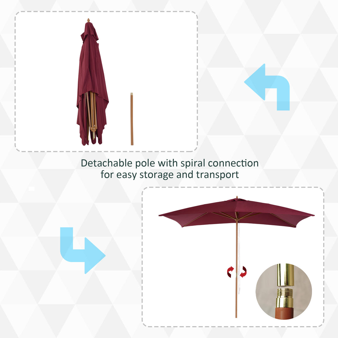 2 x 3m Wooden Garden Parasol Umbrella Outdoor Sun Shade Canopy, Wine Red