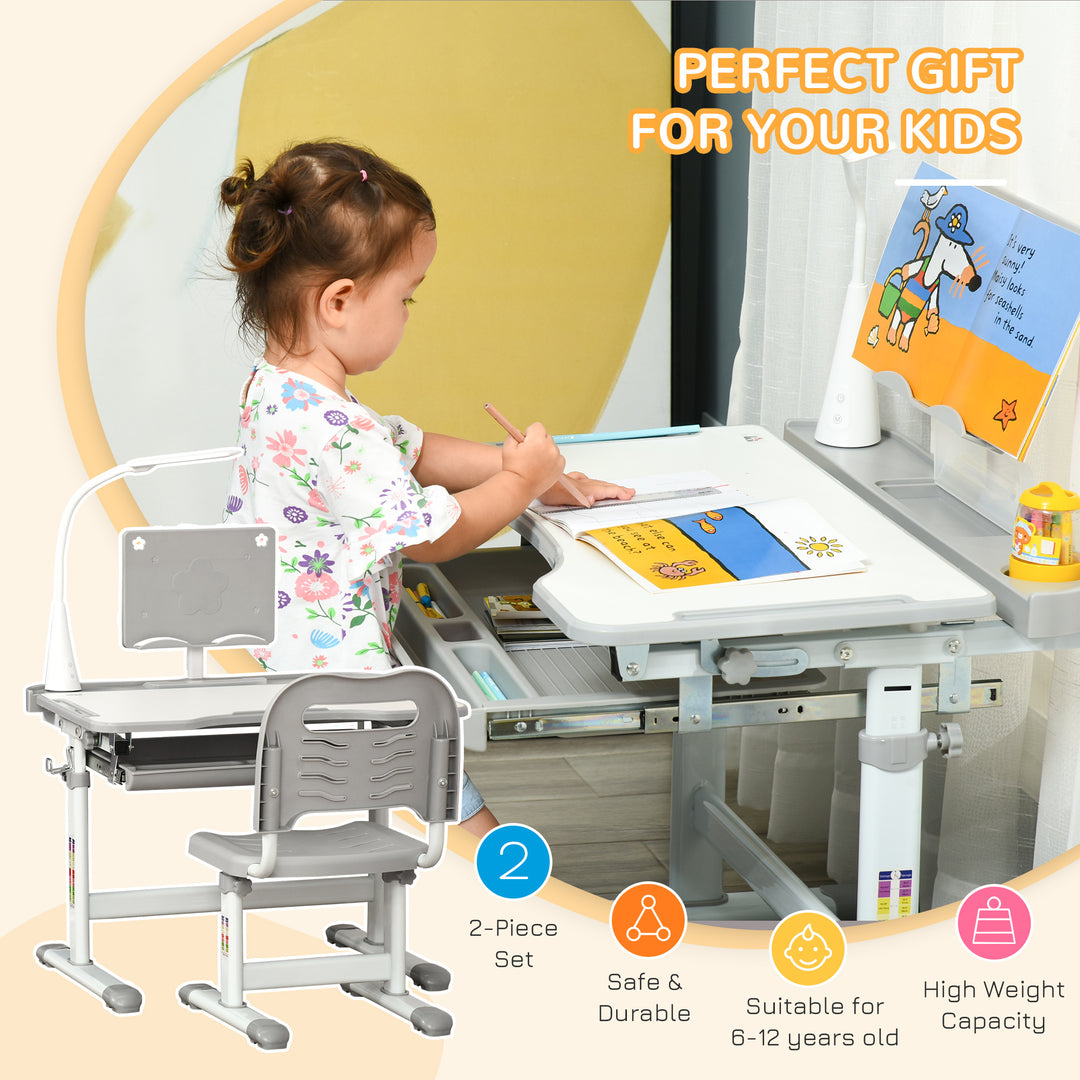 Kids Study Desk and Chair Set w/ Adjustable Height, Storage, Drawer, Grey