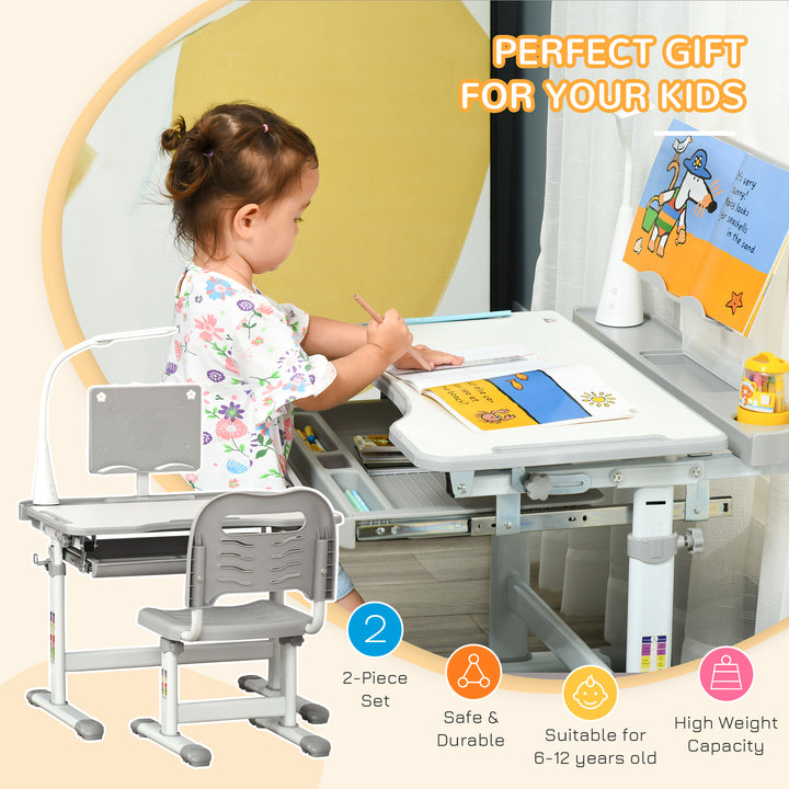 Kids Study Desk and Chair Set w/ Adjustable Height, Storage, Drawer, Grey