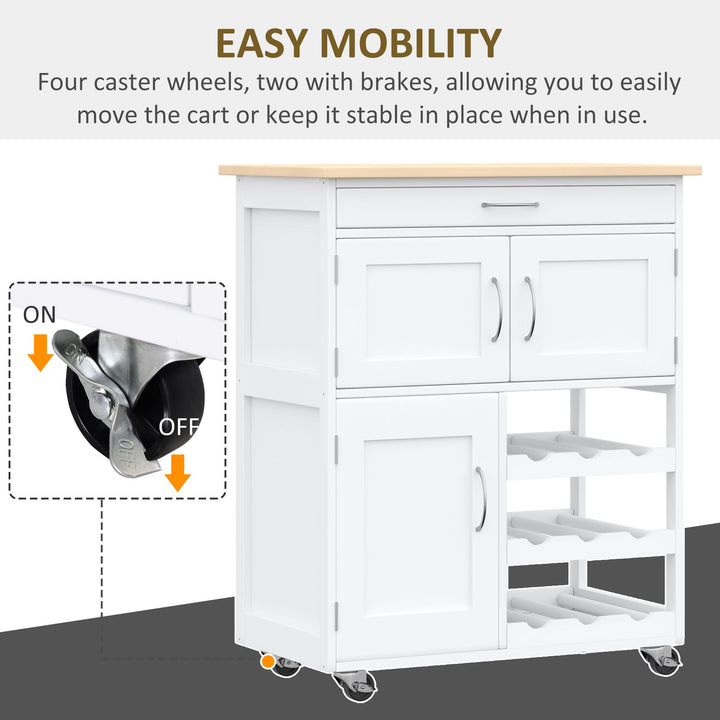 HOMCOM Modern Kitchen Trolley, Rolling Island Storage Cart with Drawer, 9-bottle Wine Rack, Door Cabinets, Wooden Countertop, White