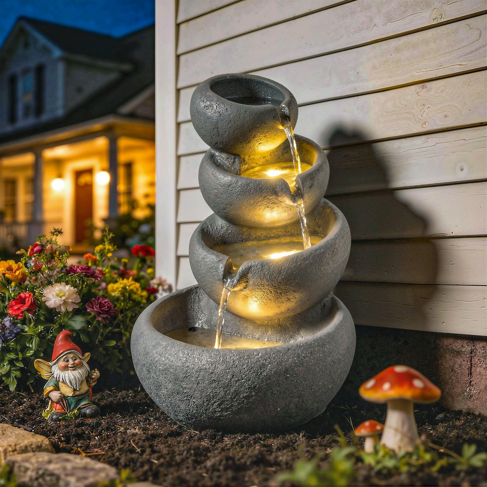 4-Tier Water Fountain Outdoor, Garden Water Feature with LED Lights an