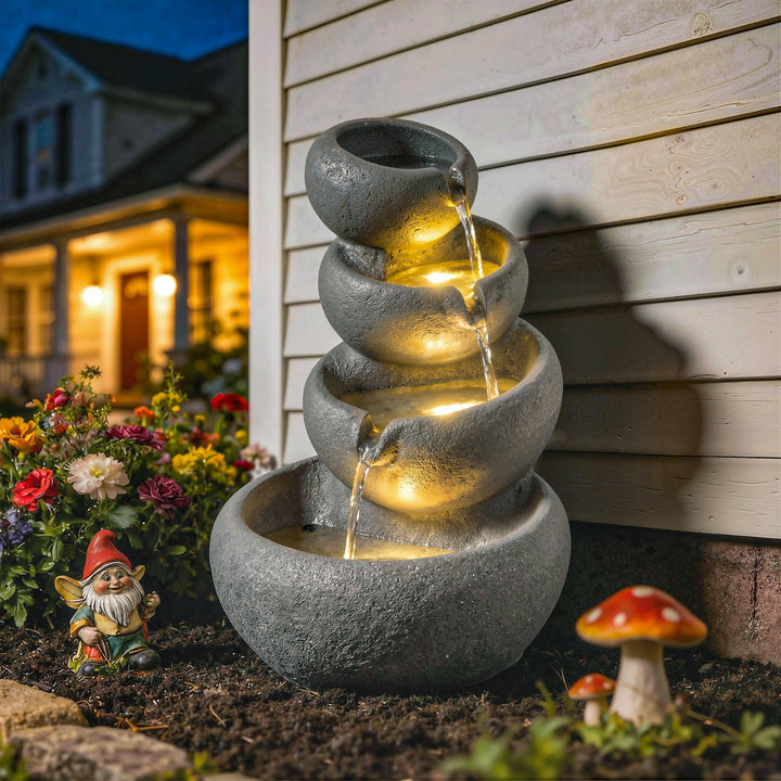 4-Tier Water Fountain Outdoor, Garden Water Feature with LED Lights an