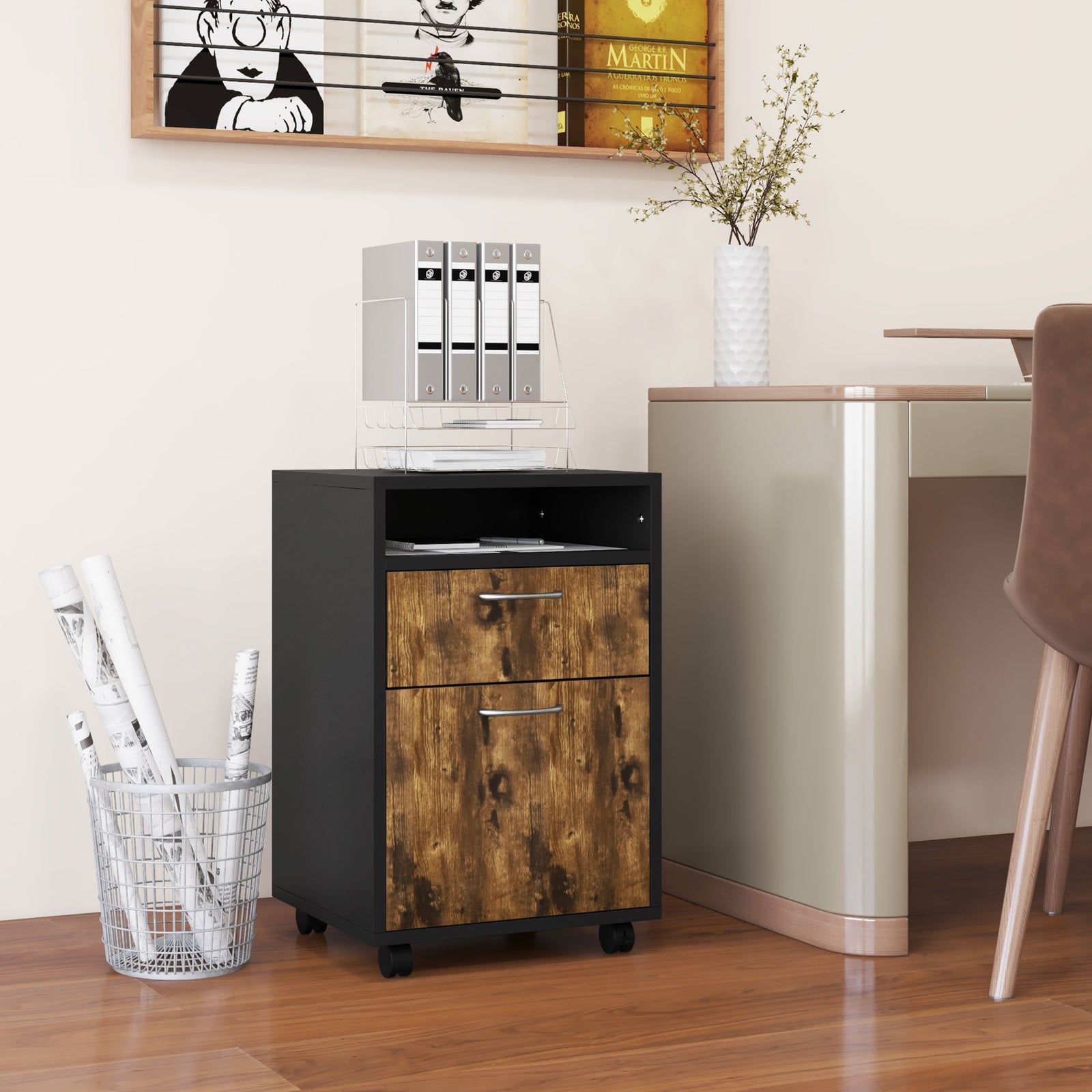 60cm Filing Cabinet with Drawer, Open Shelf, Metal Handles and 4 Wheels, Office Home Organiser Mobile Printer, Rustic Brown