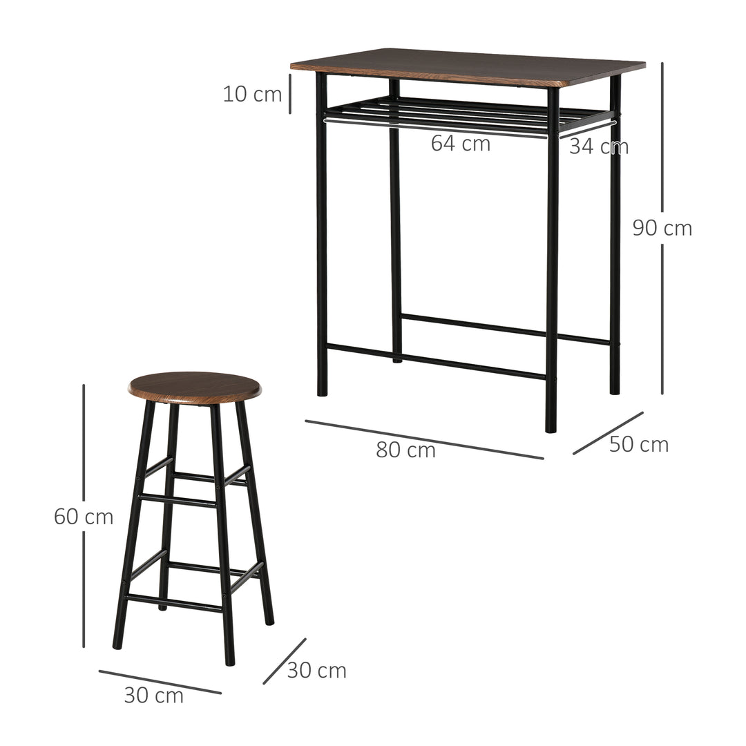 Bar Table Set, Bar Table and Stools Set, Footrest and Storage Shelf, for Kitchen, Dining Room, Pub, Cafe, Black and Oak