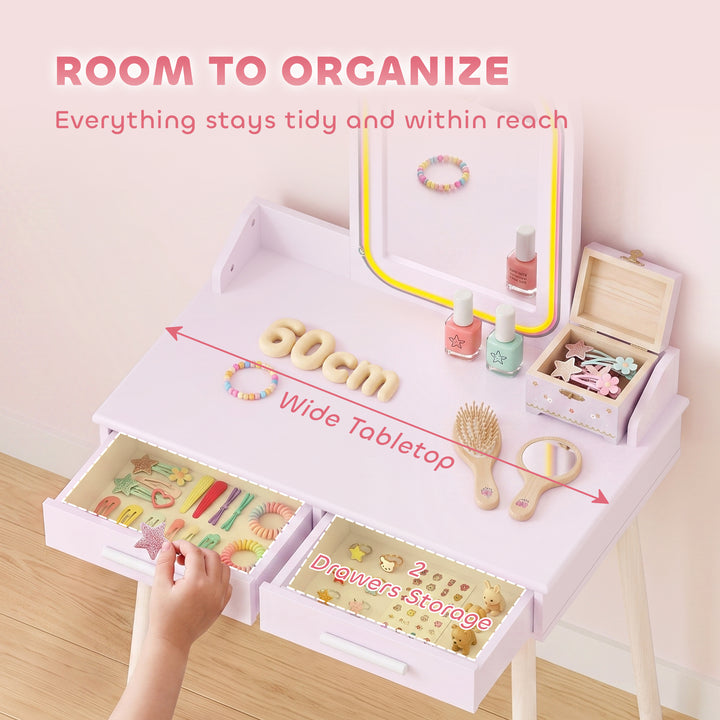 Kids Dressing Table, Girls Vanity Set with Stool, 3-Colour LED Lights 
