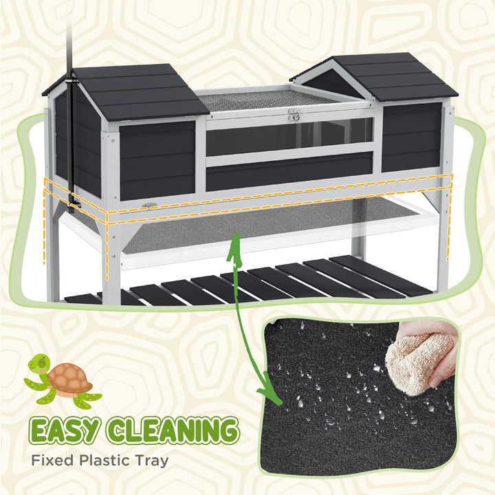 Wooden Tortoise Enclosure w/ Adjustable Lamp Holder, Openable Lid, Dual Main Houses, Storage Shelf, Fixed Tray - Grey