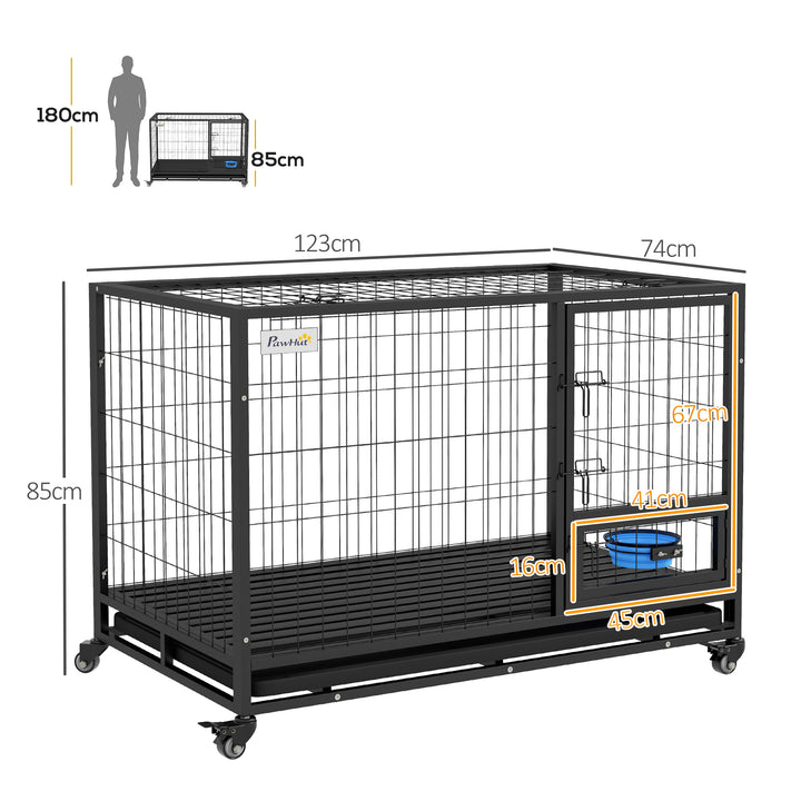 PawHut 48" Heavy Duty Dog Crate on Wheels w/ Bowl Holder, Removable Tray, Detachable Top, Double Doors for L, XL Dogs