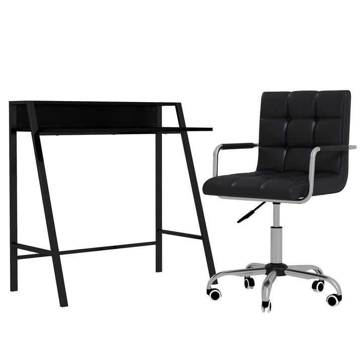 HOMCOM Office Chair and Desk Set, Faux Leather Swivel Chair with Wheels & Study Desk with Storage Shelf, Black | Aosom UK