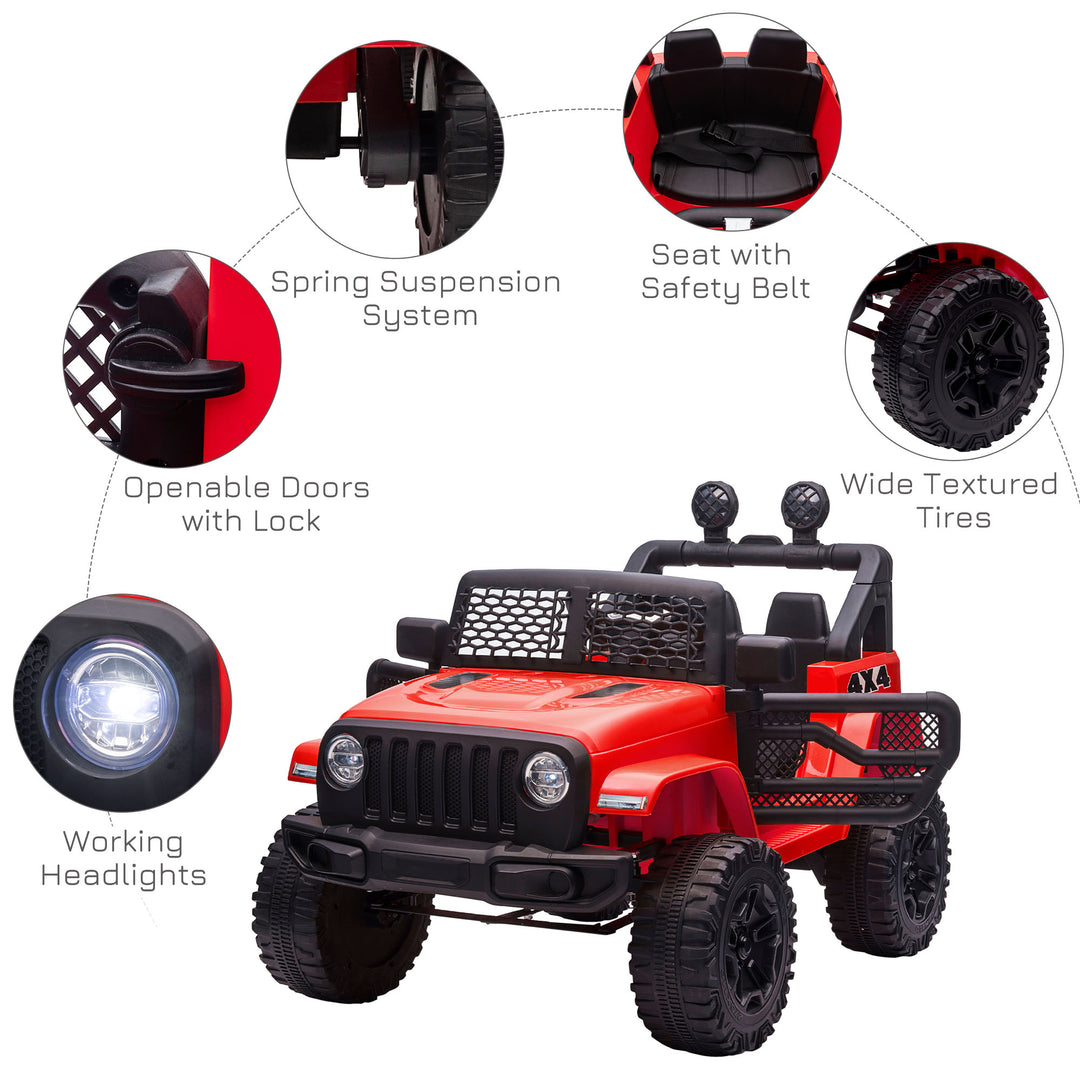 Kids Electric Ride On Car 12V Off Road Toy with Parental Remote Control 2 Motors Horn Lights Suspension Wheels for 3-6 Years Old Red