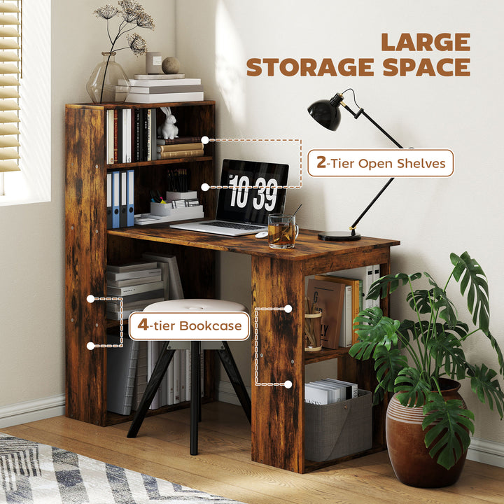 120cm Computer Desk, Wooden PC Laptop Table with 6-Tier Storage Bookshelves, Home Office Working Study Desk, Writing Workstation, Rustic Brown Wood-Effect
