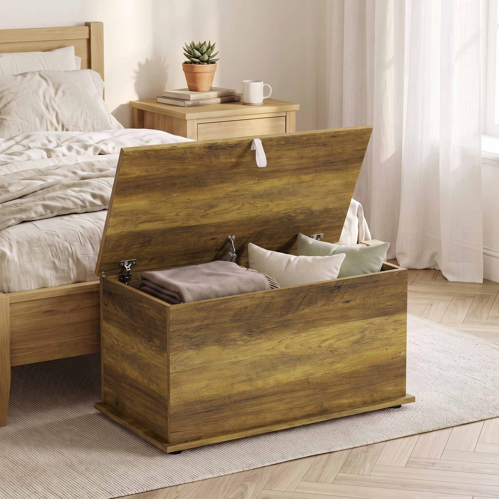 Storage Chest, 102L Blanket Box, Shoe Bench with Safety Hinged Lid, Be