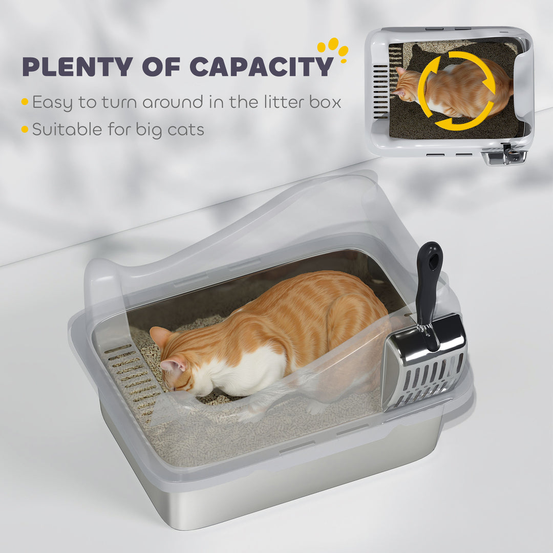 Stainless Steel Cat Litter Box with High Sides, Metal Scoop, 43 x 33 x 25 cm
