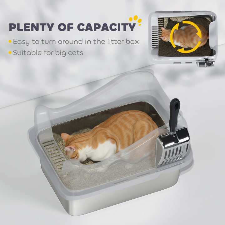 Stainless Steel Cat Litter Box with High Sides, Metal Scoop, 43 x 33 x 25 cm