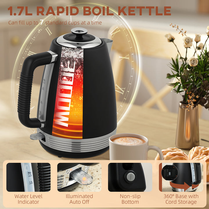 Stainless Steel Kettle and Toaster Set, 1.7L 3000W Rapid Boil Jug Kettle with UK Strix Thermostat, Limescale Filter, 4 Slice Toaster with 7 Browning Controls, Crumb Tray, Black and Silver Tone