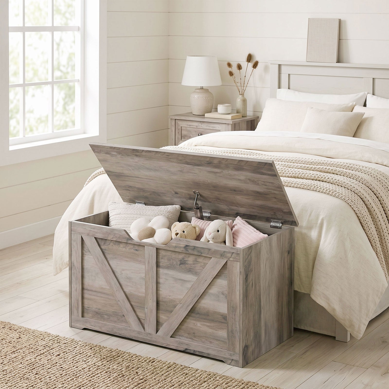 100L Home Storage Box, with Safety Hinge - Grey Wood-Effect