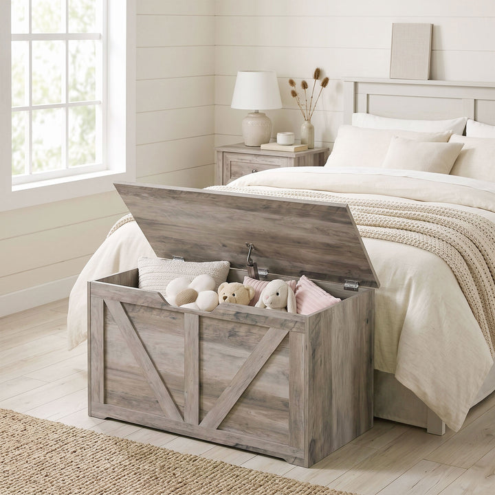 100L Home Storage Box, with Safety Hinge - Grey Wood-Effect