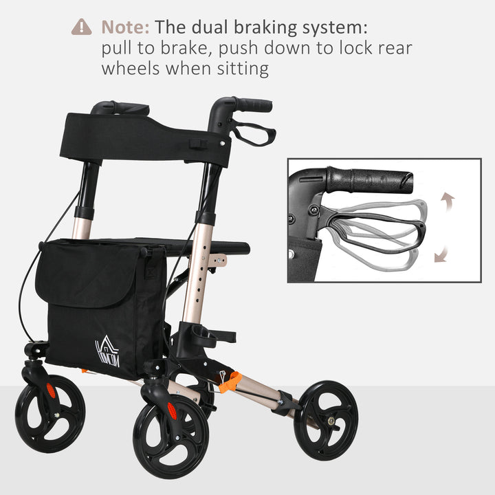 HOMCOM 4 Wheel Rollator with Seat and Back, Folding Mobility Walker, Adjustable Height, Dual Brakes, Cane Holder, Lightweight Aluminium