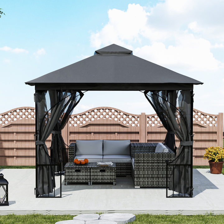 MCL 3 x 3m Garden Gazebo Patio Party Tent Shelter Outdoor Canopy Double Tier Sun Shade with Metal Frame and Netting, Dark Grey