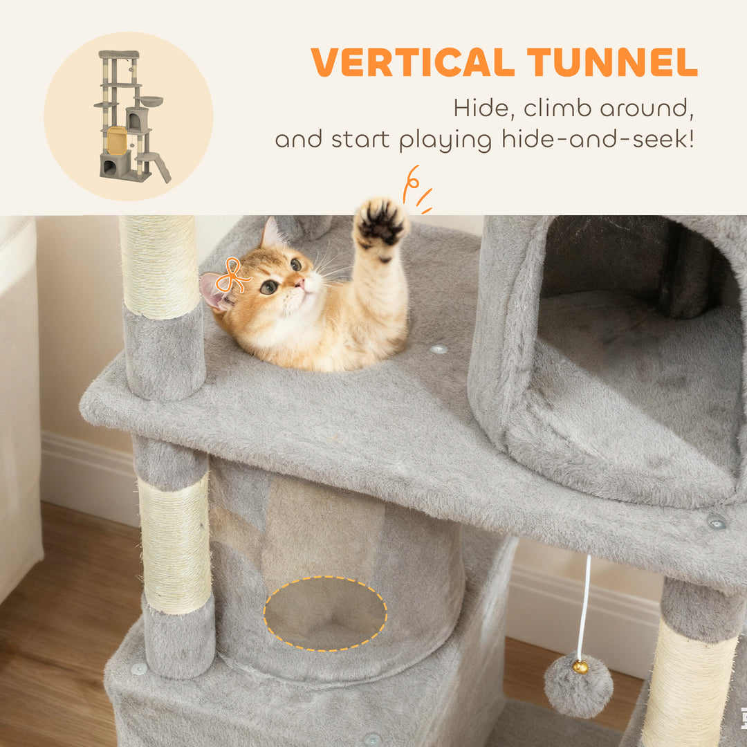 MCL 170 cm Large Cat Tree, Cat Tower with 7 Scratching Posts, Tunnel, 2 Condos, Hammock, Perch, Ramp, Pompoms, Light Grey