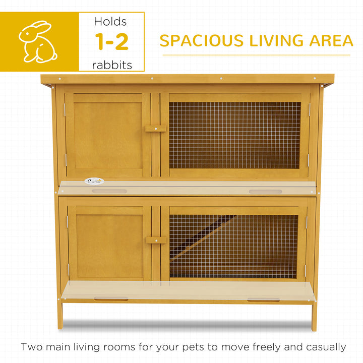Double Decker Rabbit Hutch 2 Tier Guinea Pig House Pet Cage Outdoor with Sliding-out Tray, 97 x 44 x 91cm, Yellow