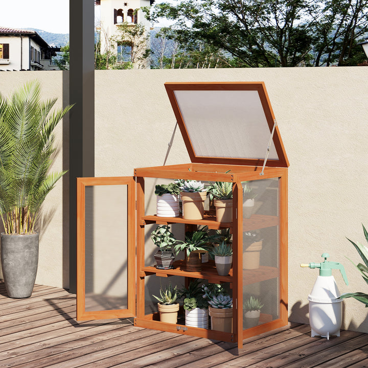 3-tier Wood Greenhouse Garden Polycarbonate Cold Frame Balcony Grow House w/ Storage Shelf for Plants, Flowers, Orange