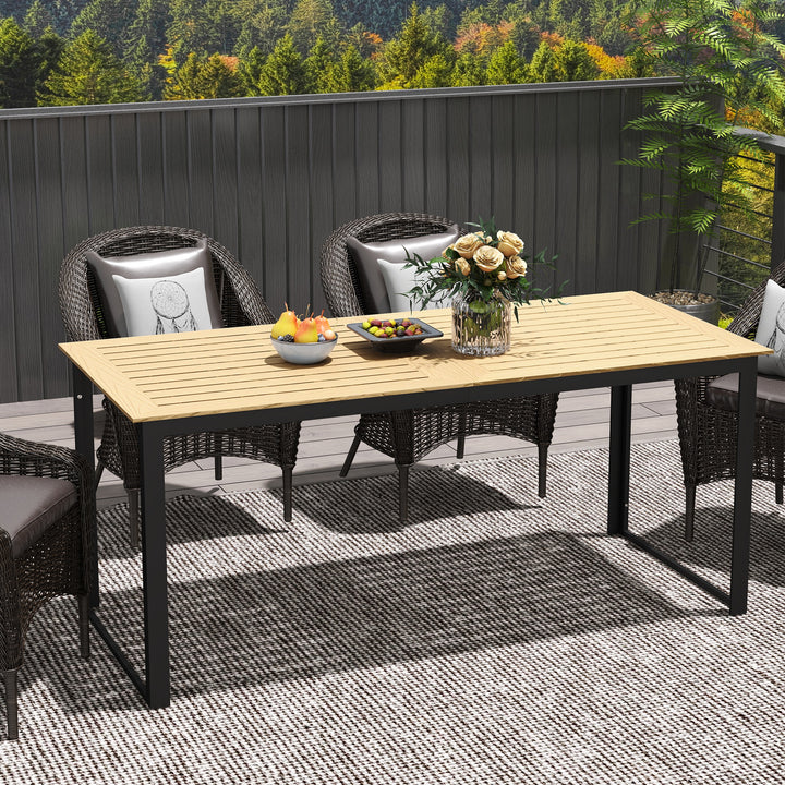 Garden Table for 6 People, 175 x 78 x 75 cm Rectangle Outdoor Dining Table with Slatted Top, Metal Frame, for Balcony, Deck, Teak