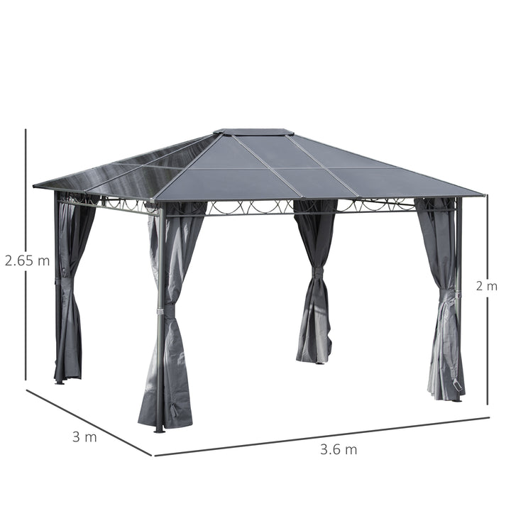 MCL 3 x 3.6m Hardtop Gazebo Canopy with Polycarbonate Roof, Permanent Pavilion Garden Gazebo with Curtains for Patio, Deck, Grey