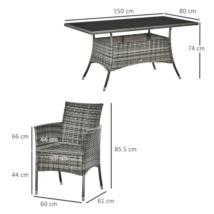 MCL 7-Piece Rattan Garden Furniture Set with Cushions, 6 Seater Garden Table and Chairs, Rattan Dining Set with 6 Armchairs, Rectangular Glass Top Table, Grey
