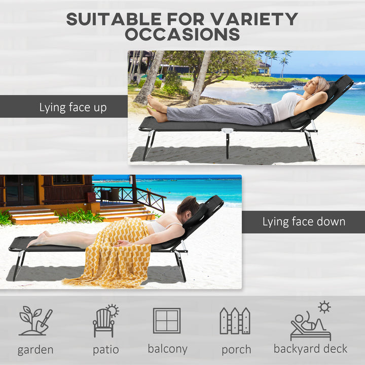 Outdoor Folding Sun Lounger Set of 2 with Face Hole, 4 Level Adjustable Backrest Reclining Garden Lounger, Garden Recliner Sunbed with 600 D Oxford Cloth Seat and Pillow for Beach, Black