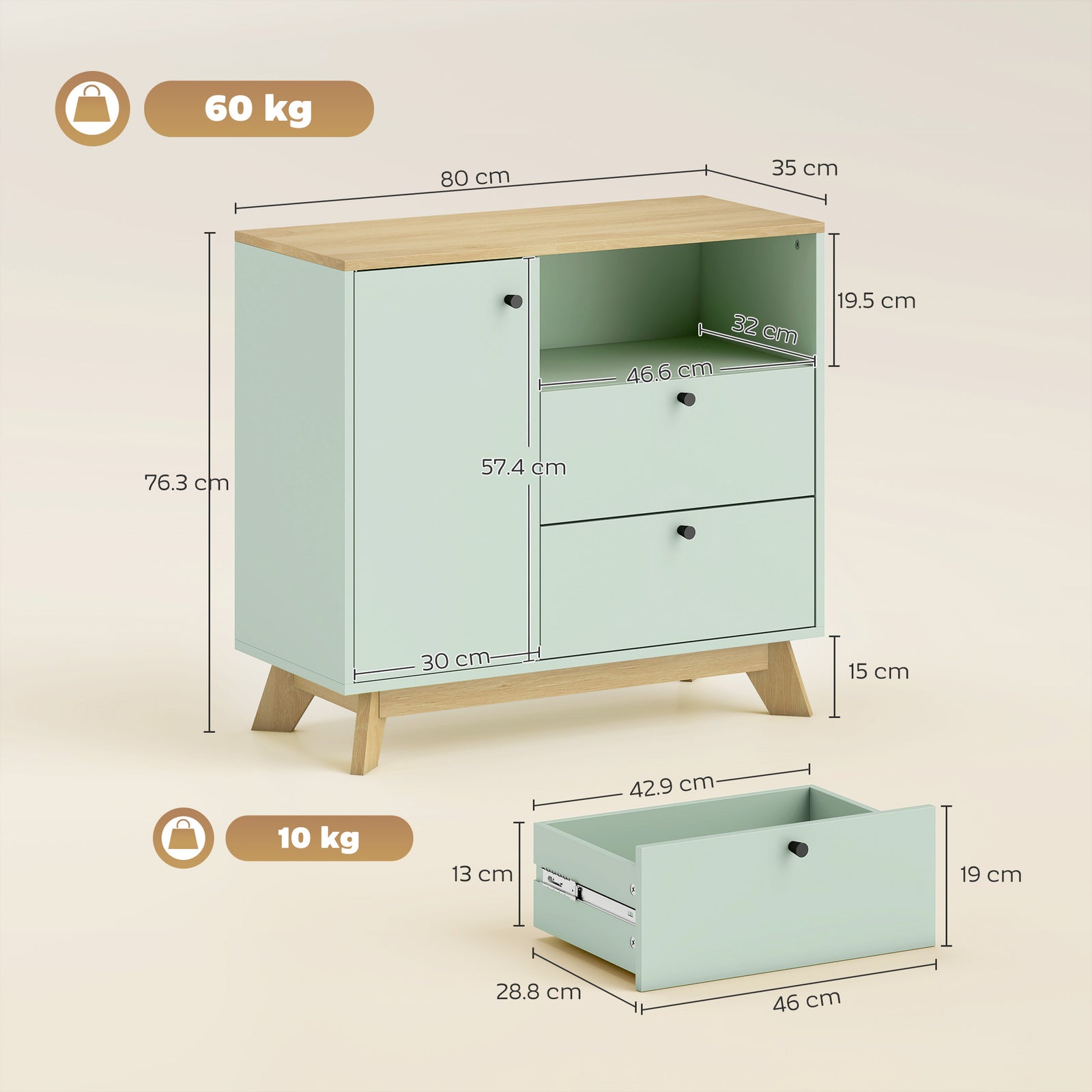 Sideboard Storage Cabinet, 80 cm Buffet Cabinet with 2 Drawers, Open C