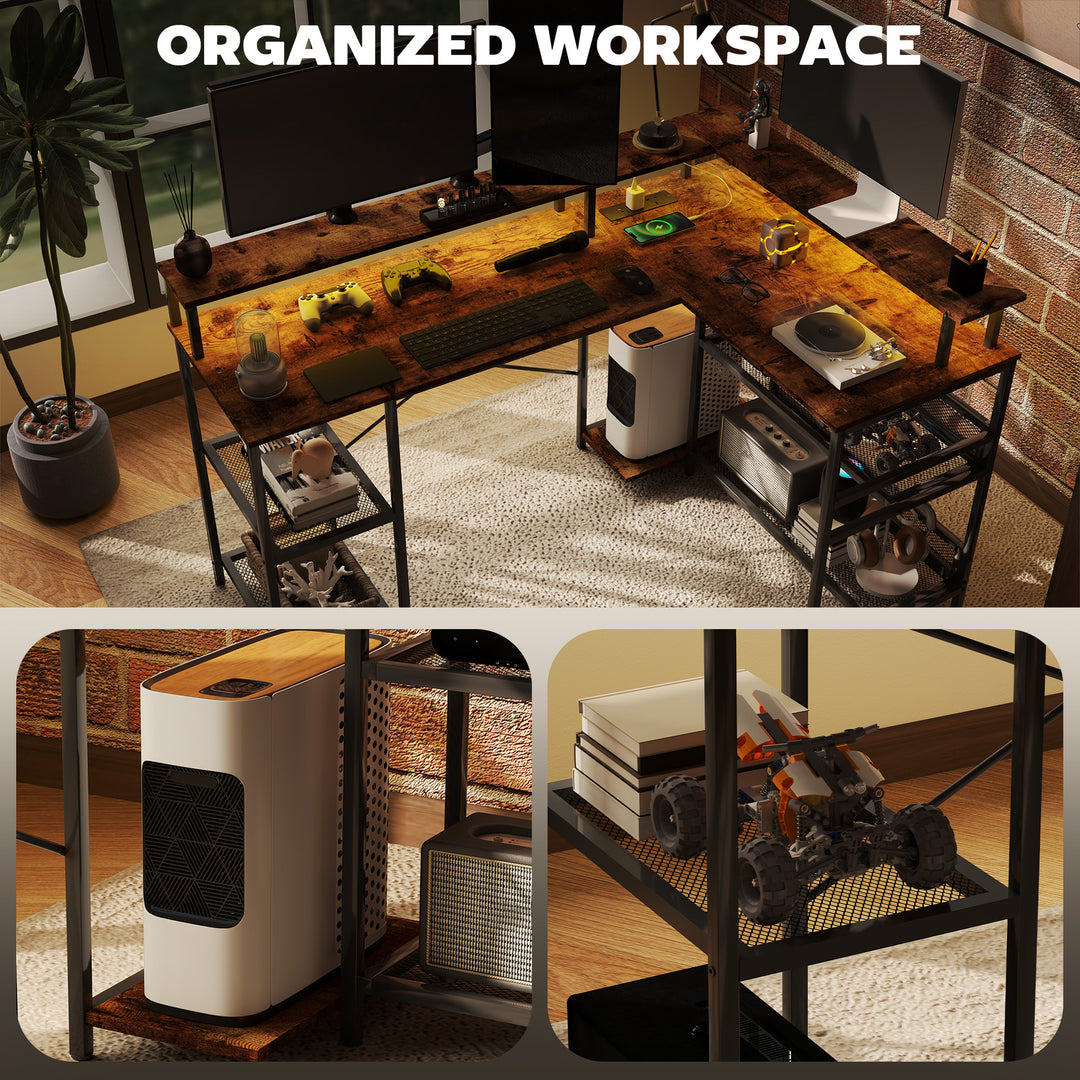 LED Light 'L' Computer Desk, with Shelves - Brown