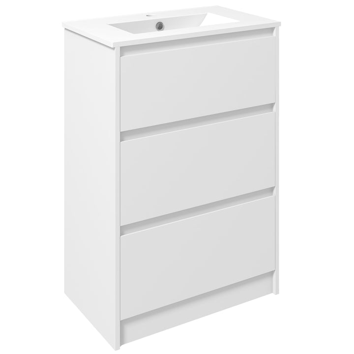 kleankin Floor Standing Vanity Unit: 600mm Bathroom Sink Cabinet with Basin, Single Tap Hole, High Gloss, 2 Drawers - White | Aosom UK