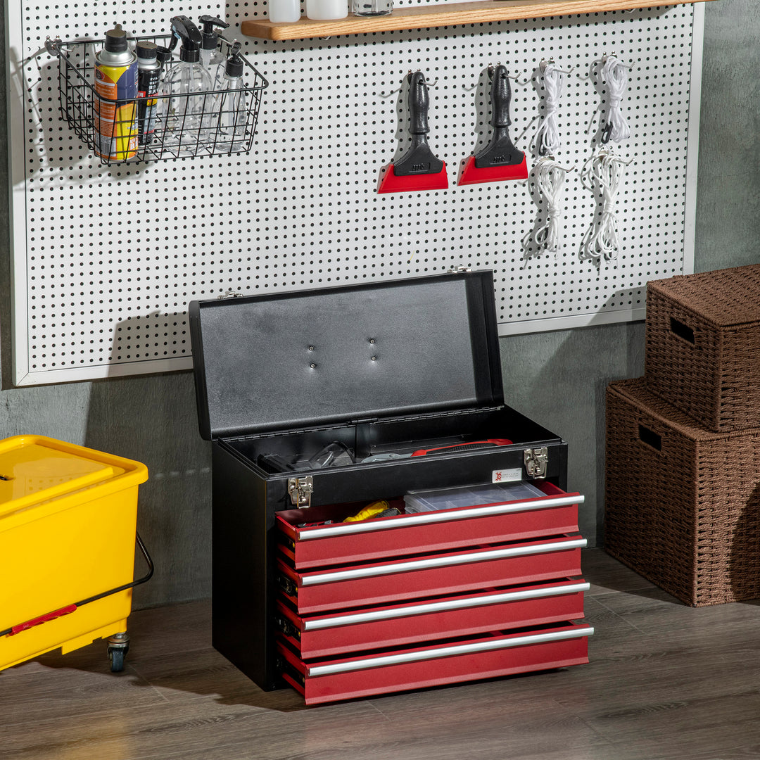 4 Drawer Tool Chest, Lockable Metal Tool Box with Ball Bearing Runners, Portable Toolbox, 510mm x 220mm x 395mm, Black
