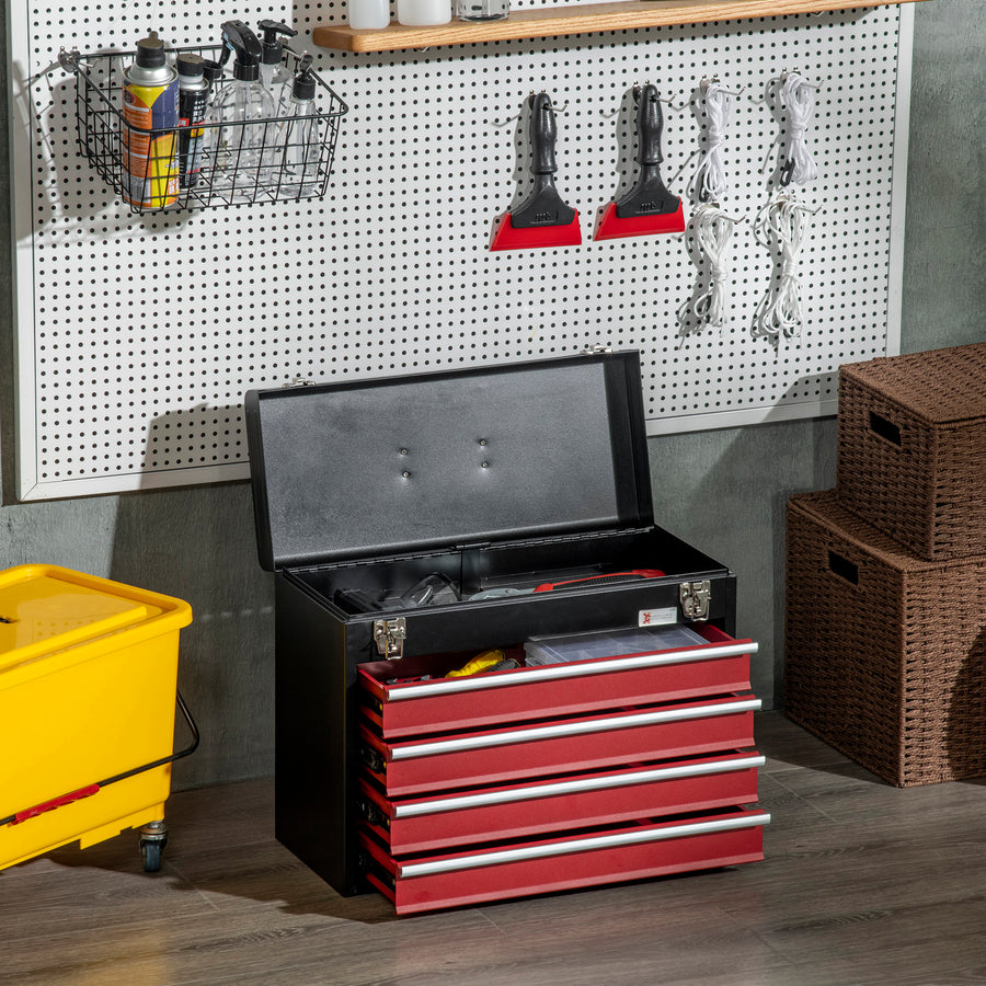 4 Drawer Tool Chest, Lockable Metal Tool Box with Ball Bearing Runners, Portable Toolbox, 510mm x 220mm x 395mm, Black