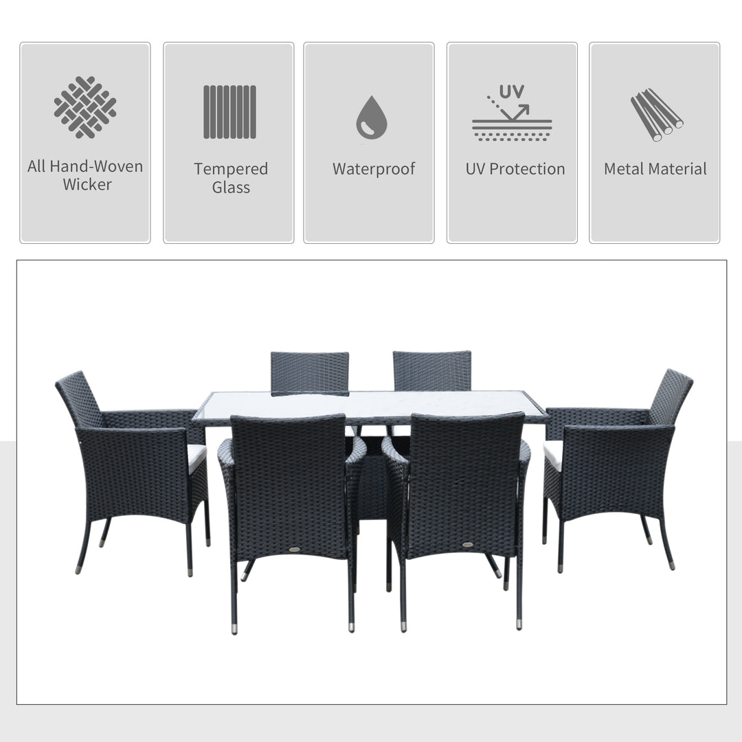 6 Seater Rattan Dining Set with Cushions, Rattan Garden Furniture Set with 6 Armchairs, Rectangular Glass Top Table, Outdoor Dining Table and Chairs, Black
