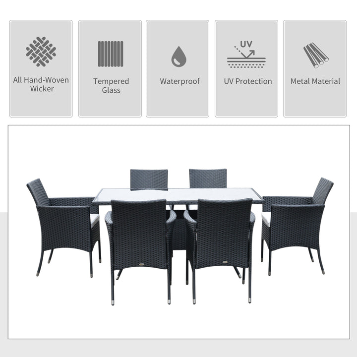 6 Seater Rattan Dining Set with Cushions, Rattan Garden Furniture Set with 6 Armchairs, Rectangular Glass Top Table, Outdoor Dining Table and Chairs, Black