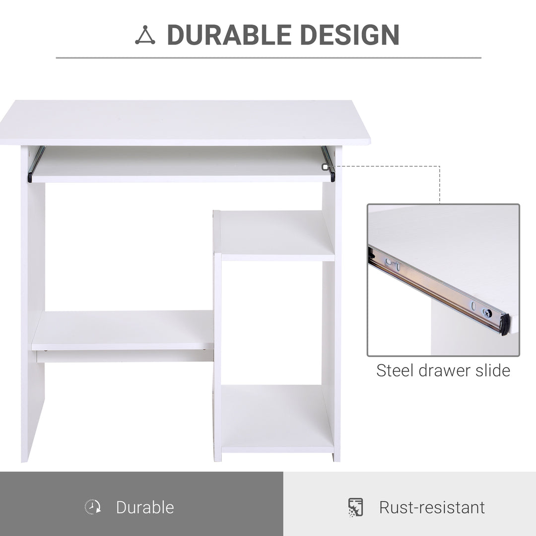 HOMCOM Compact Computer Table with Keyboard Tray, Storage Shelf, Wooden Computer Desk for Home Office, Modern Corner Table, White | Aosom UK