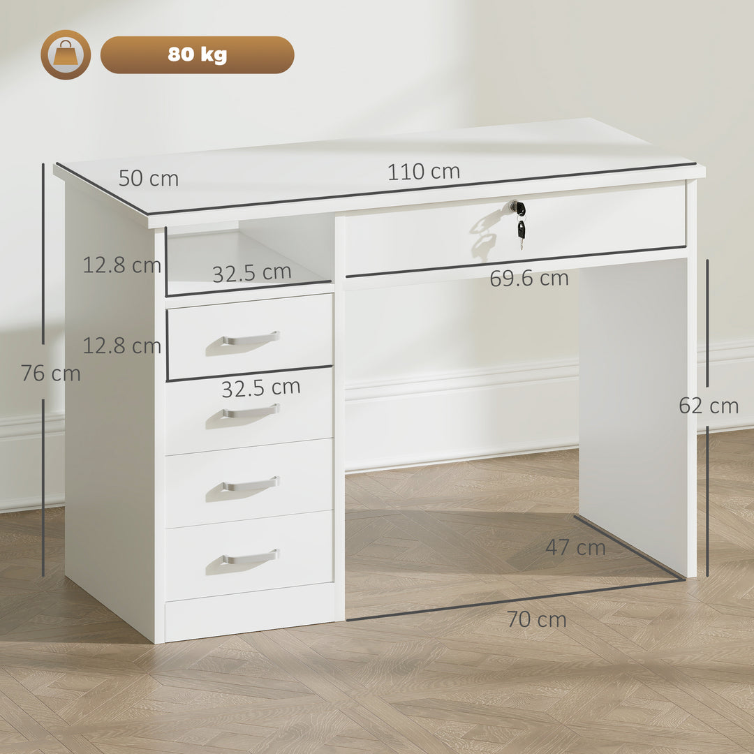Computer Desk, Home Office Desk with Lockable Drawer, Storage Shelf for Study Bedroom, 110 x 50 x 76 cm, White